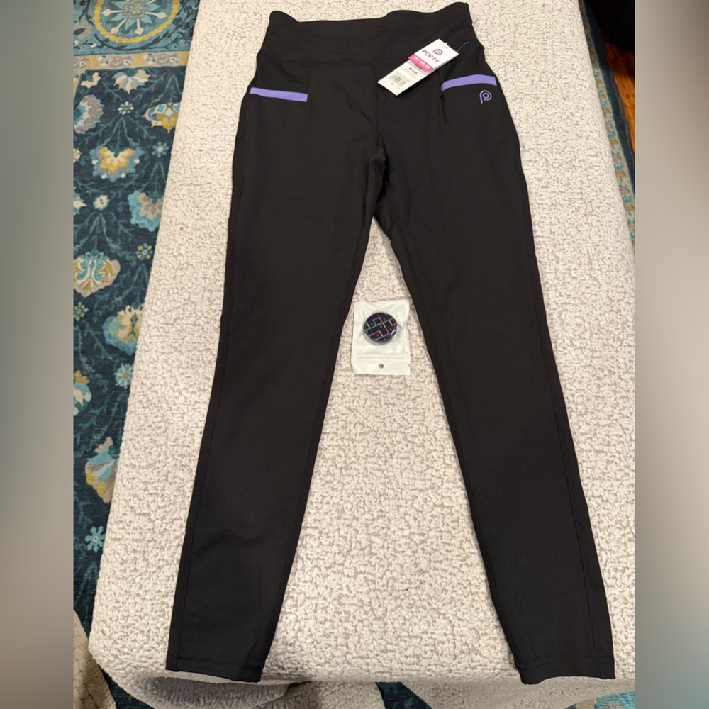 POP Fit Black Leggings Purple Detail M NWT High Waist Pocket Leggings + gift
